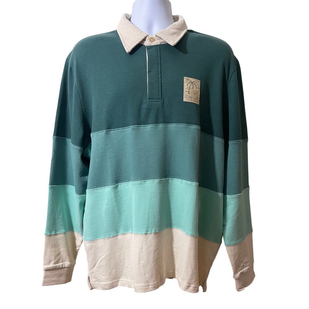 Marine Layer‎ Mens Rugby Cotton Shirt Green Colorblock Corduroy Collar Large NEW